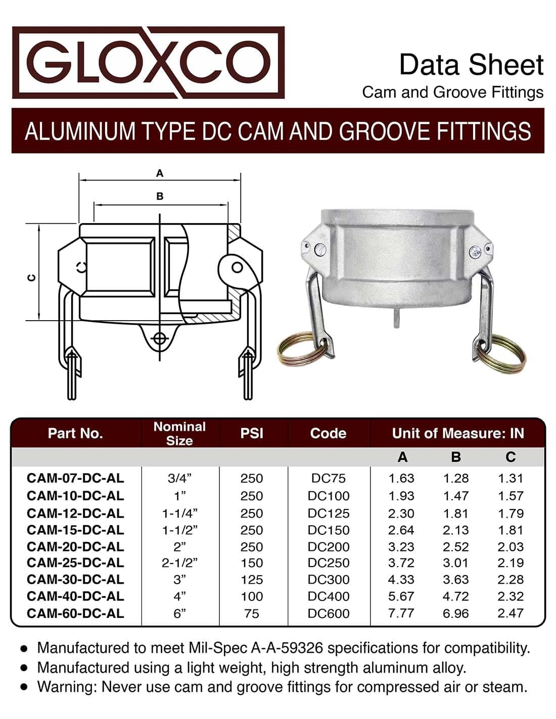 Aluminum 3" Cam and Groove Dust Cap with Handle, Type DC Fitting (CAM-30-DCH-AL) - Image 6