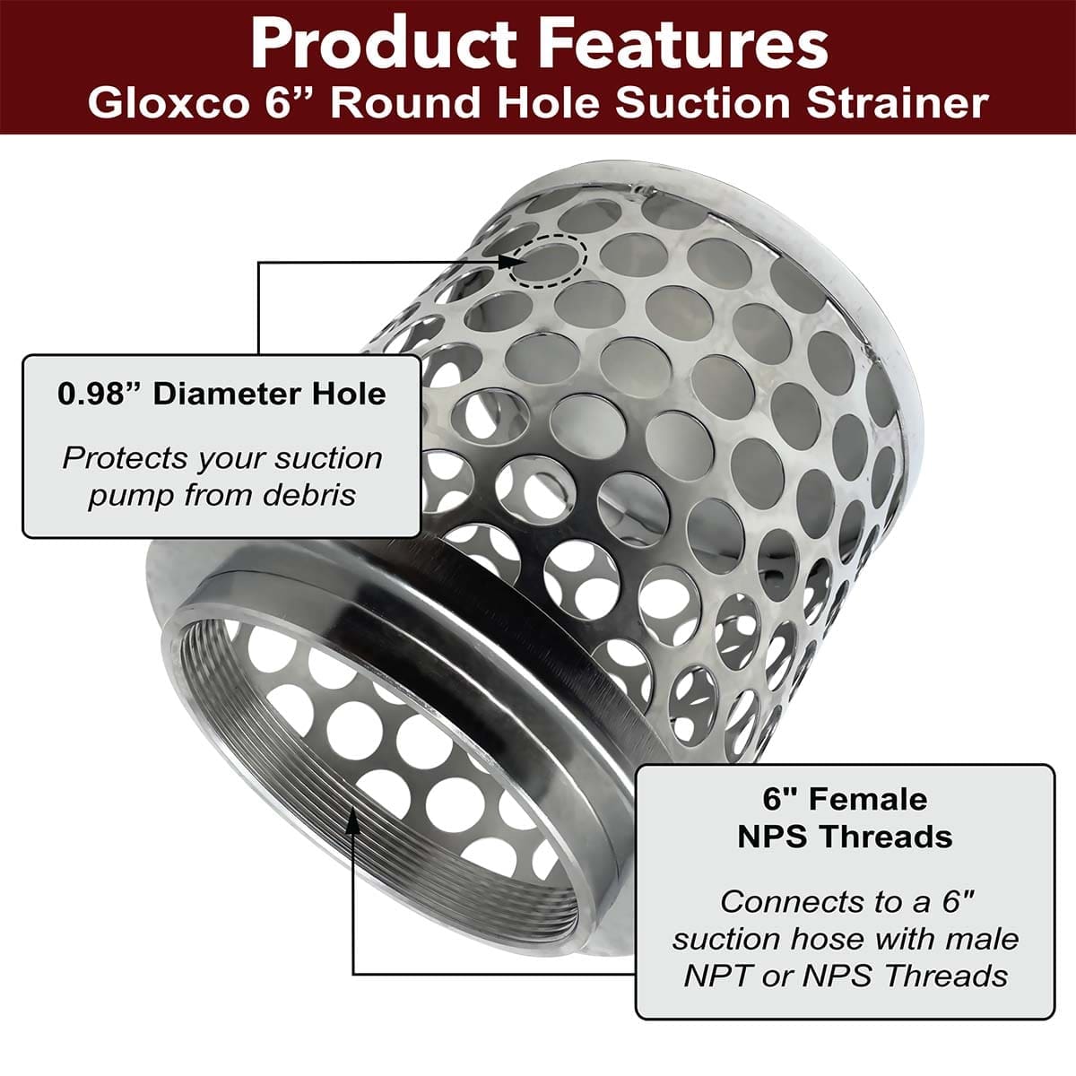 6" Suction Strainer, Round Hole, Stainless Steel