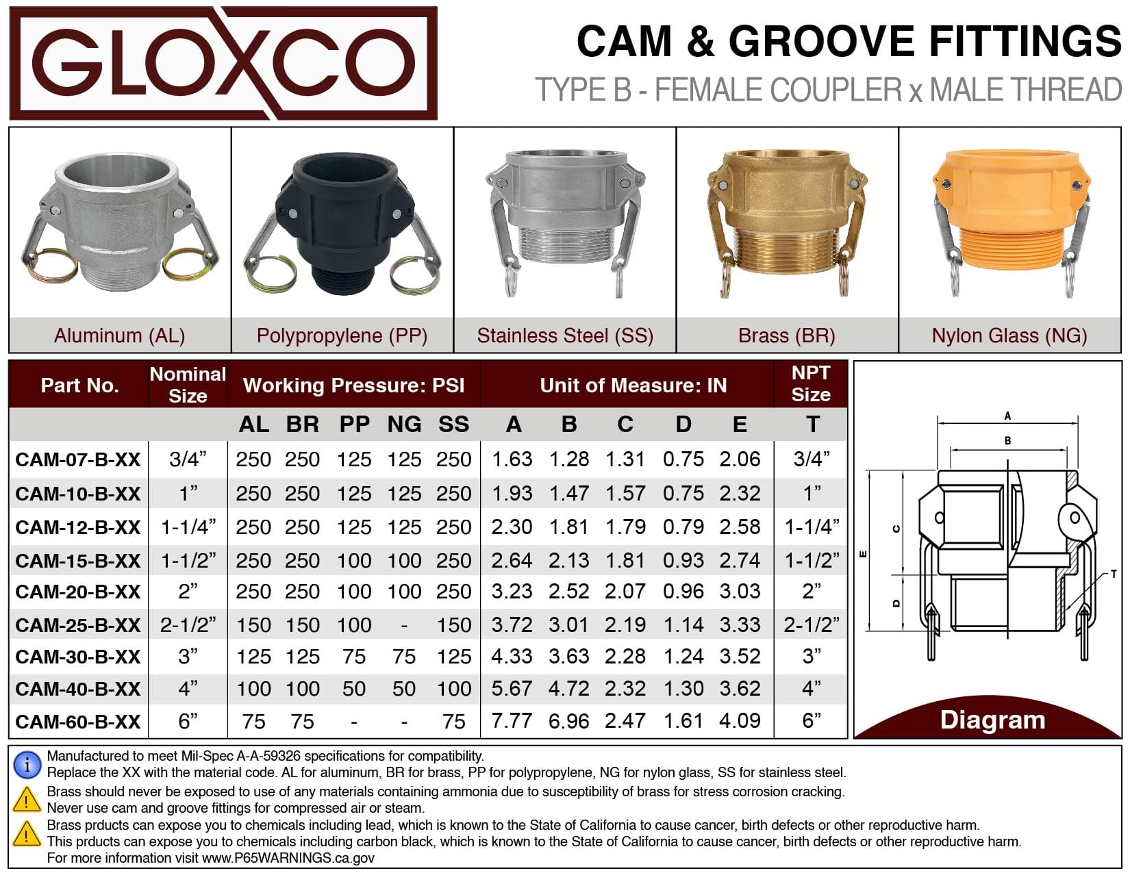 Type B Poly Cam Lock Fitting, 2-1/2" Female Cam and Groove x 2-1/2" Male NPT (CAM-25-B-PP) - Image 6
