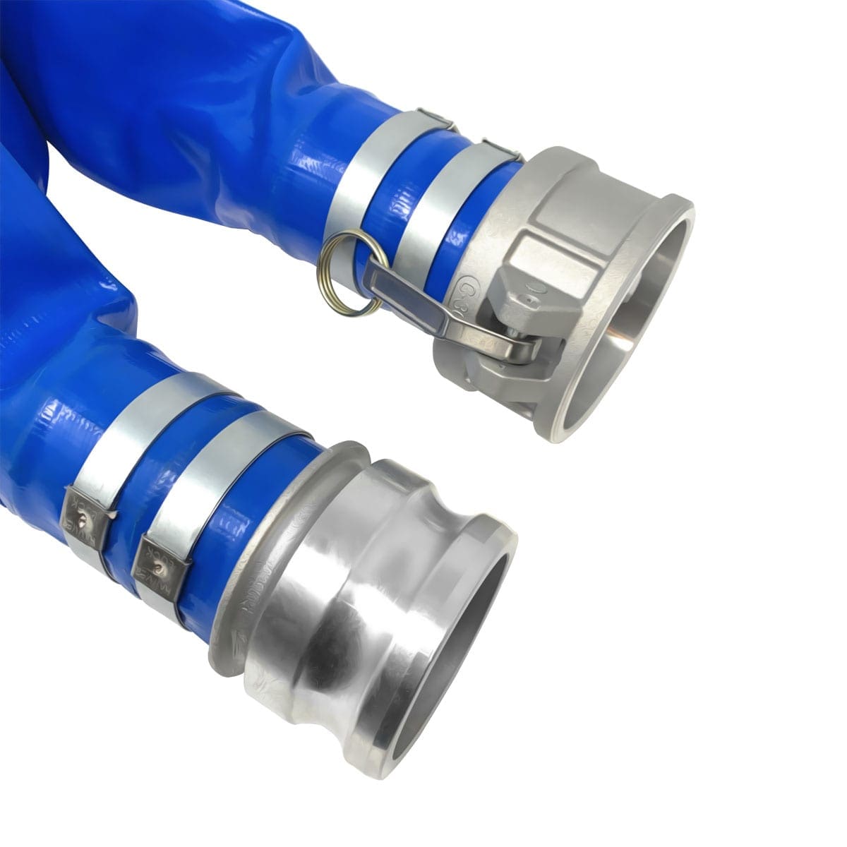 Gloxco 3" x 100' Blue Lay Flat PVC Discharge Hose Assembly with Aluminum Cam and Groove C and E Fittings - Image 4