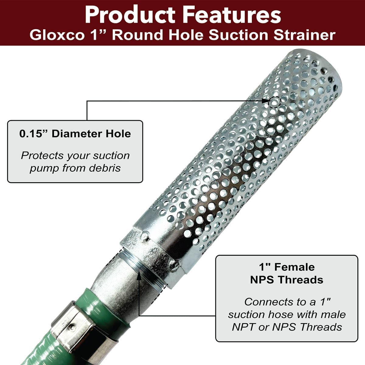 1" Long Style Suction Strainer, Round Hole, Zinc Plated Steel