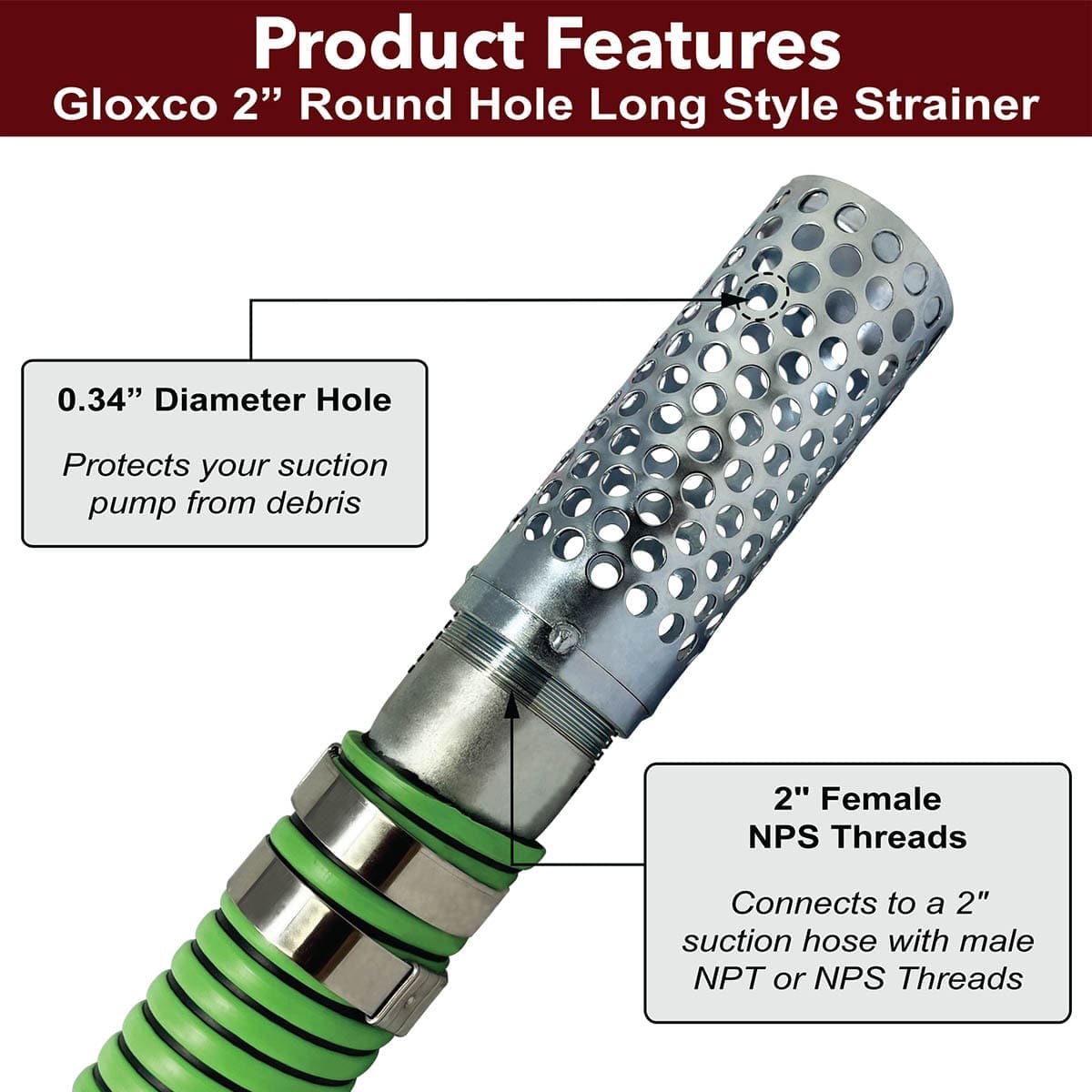 2" Long Style Suction Strainer, Round Hole, Zinc Plated Steel