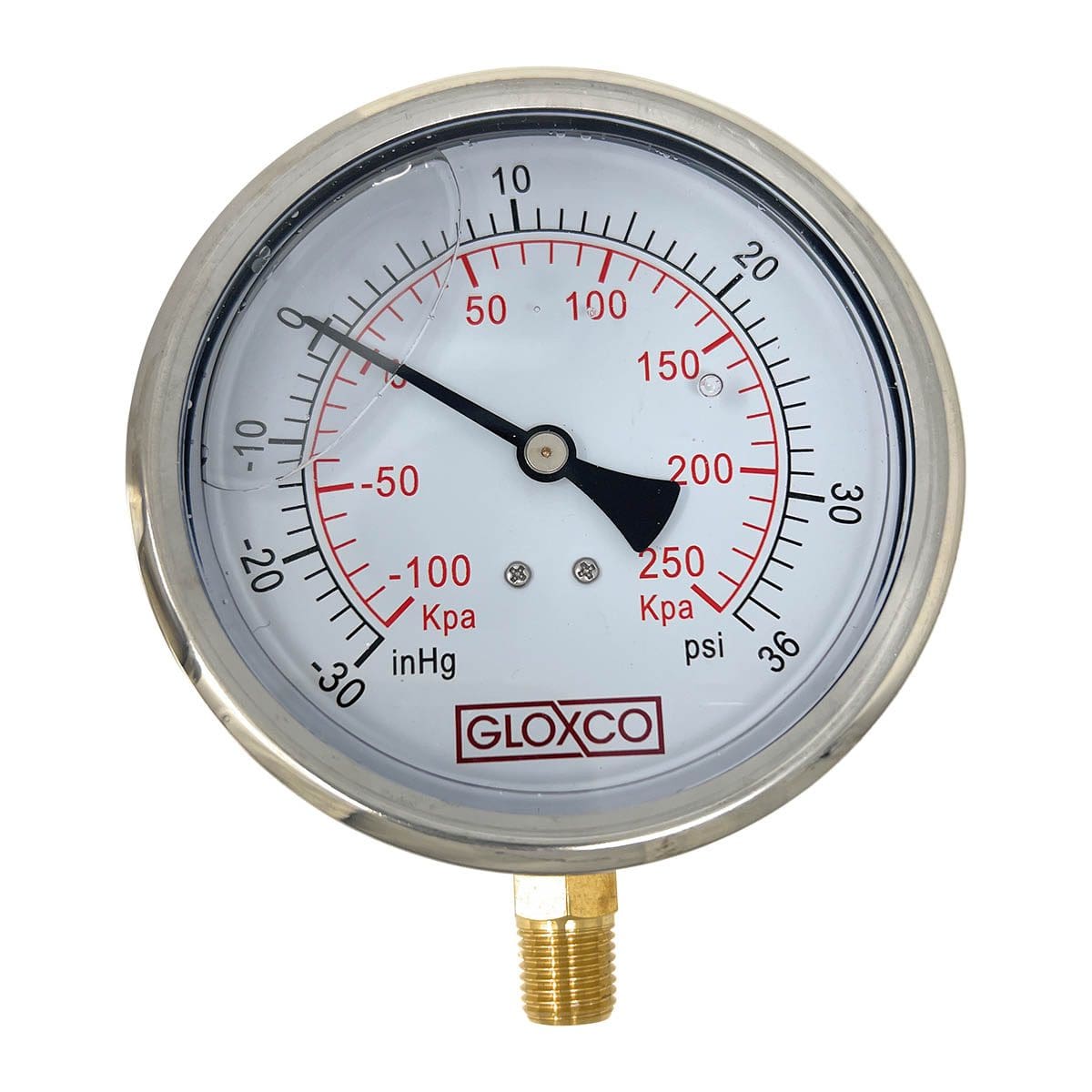 Liquid Filled Pressure / Vacuum Gauge, 2-1/2" Face, 1/4" Mount, -30 to 36 PSI, Stainless Steel Face, Brass Internals - Image 2