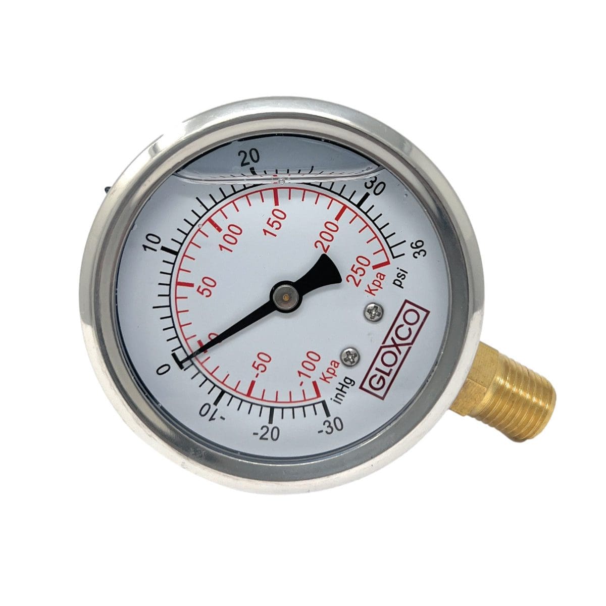 Liquid Filled Pressure / Vacuum Gauge, 2-1/2" Face, 1/4" Mount, -30 to 36 PSI, Stainless Steel Face, Brass Internals