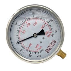Liquid Filled Pressure / Vacuum Gauge, 4" Face, 1/4" Mount, -30 to 36 PSI, Stainless Steel Face, Brass Internals