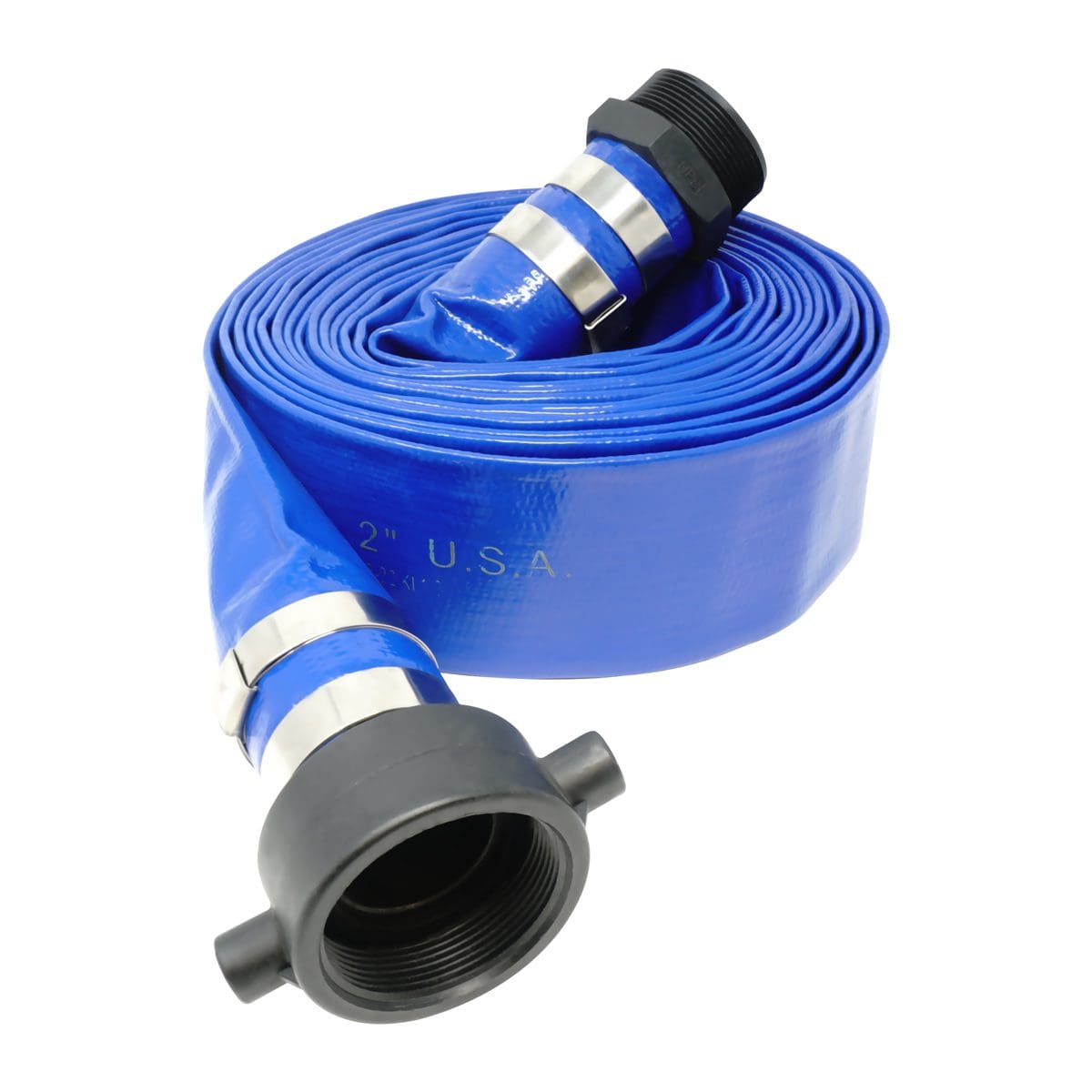 Gloxco 1-1/2" x 25' Blue Lay Flat PVC Discharge Hose Assembly with Poly Pin Lug Fittings