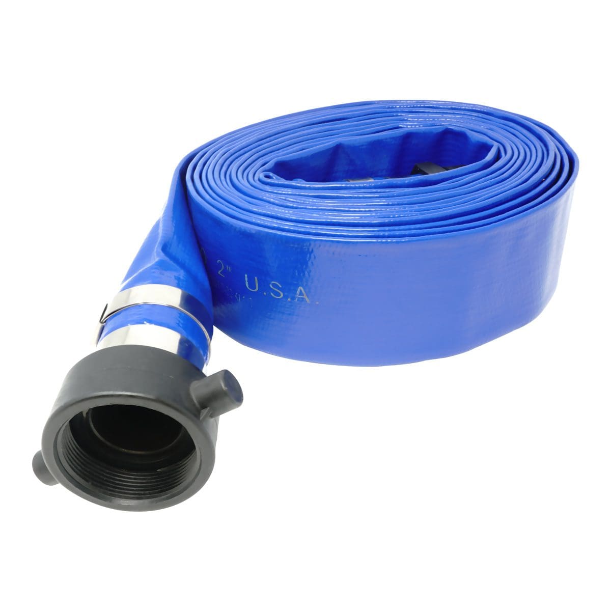 Gloxco 1-1/2" x 25' Blue Lay Flat PVC Discharge Hose Assembly with Poly Pin Lug Fittings - Image 6