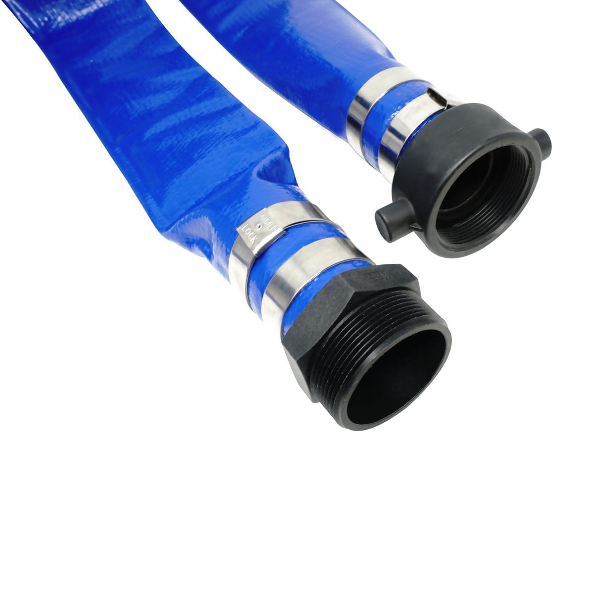 Gloxco 1-1/2" x 25' Blue Lay Flat PVC Discharge Hose Assembly with Poly Pin Lug Fittings - Image 5