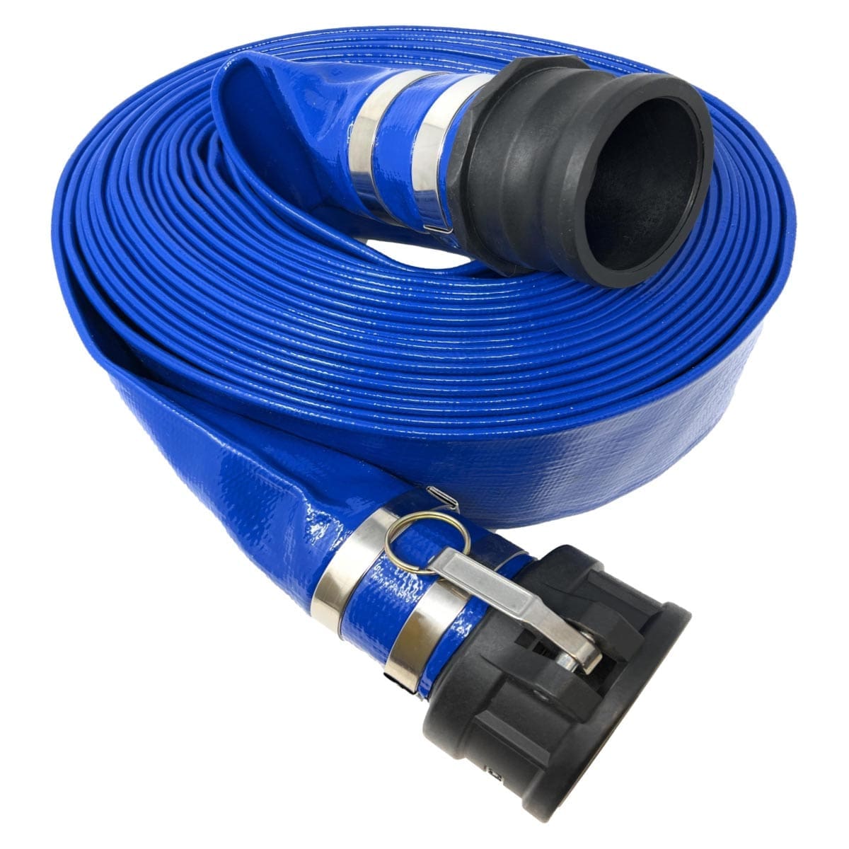 Gloxco 4" x 25' Blue Lay Flat PVC Discharge Hose Assembly with Poly Cam and Groove C and E Fittings