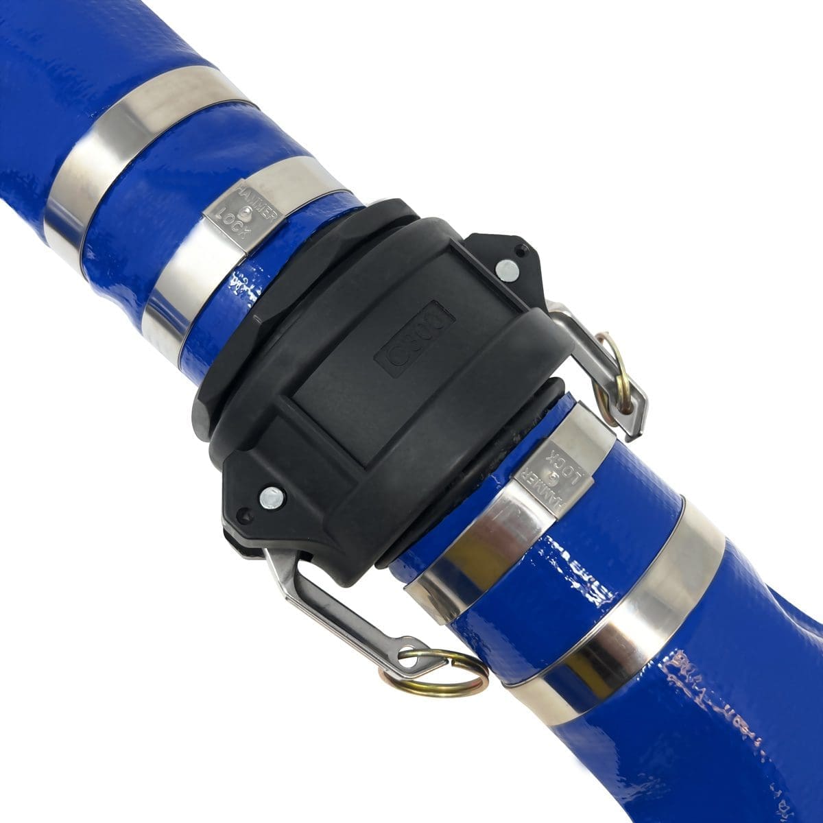 Gloxco 4" x 25' Blue Lay Flat PVC Discharge Hose Assembly with Poly Cam and Groove C and E Fittings - Image 4