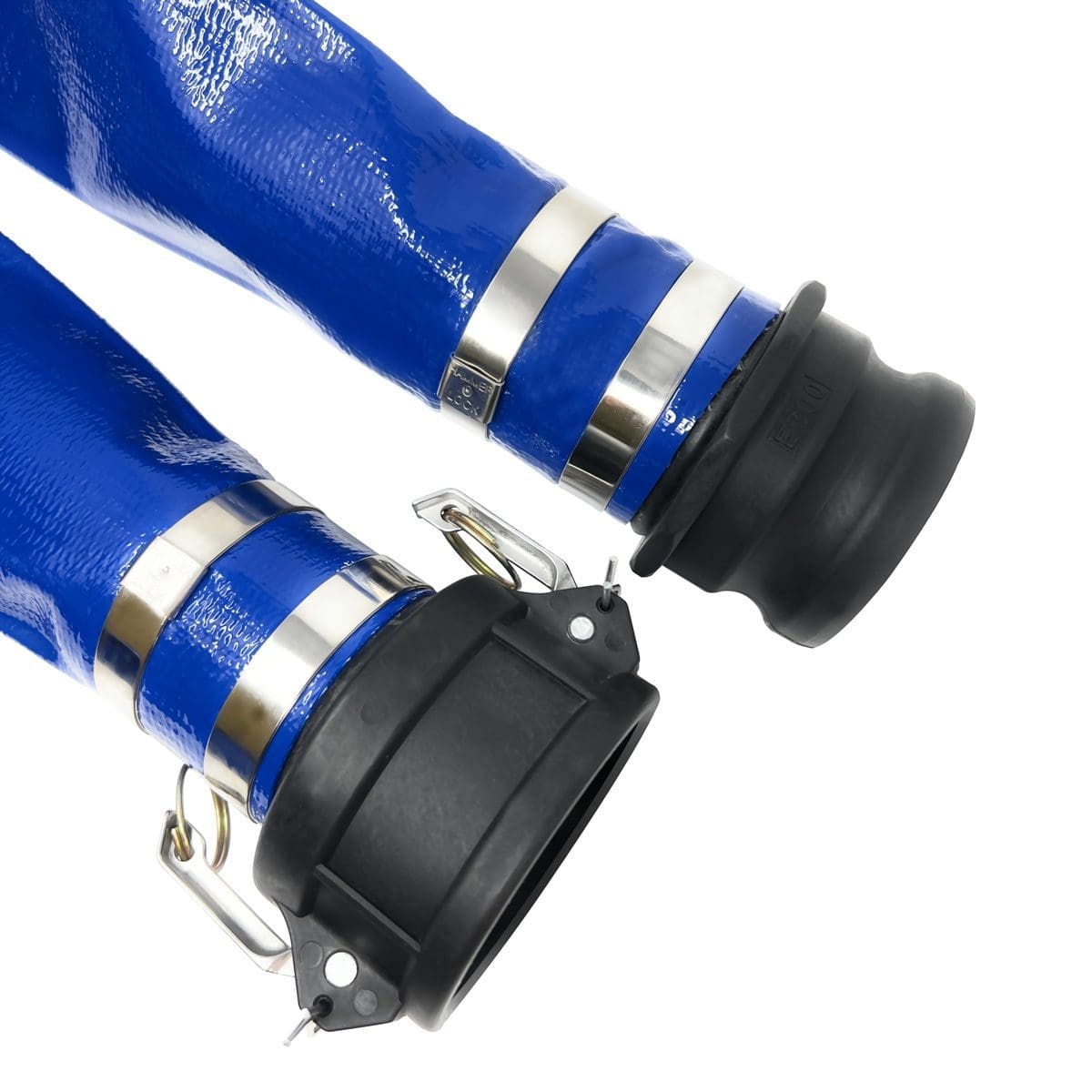 Gloxco 4" x 25' Blue Lay Flat PVC Discharge Hose Assembly with Poly Cam and Groove C and E Fittings - Image 6