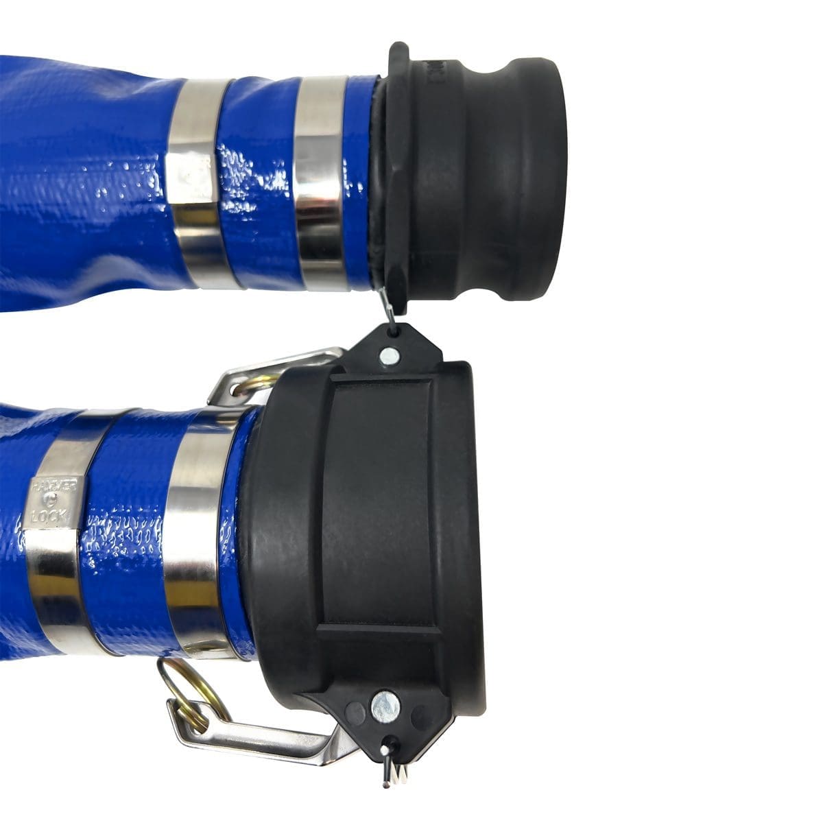 Gloxco 4" x 25' Blue Lay Flat PVC Discharge Hose Assembly with Poly Cam and Groove C and E Fittings - Image 5