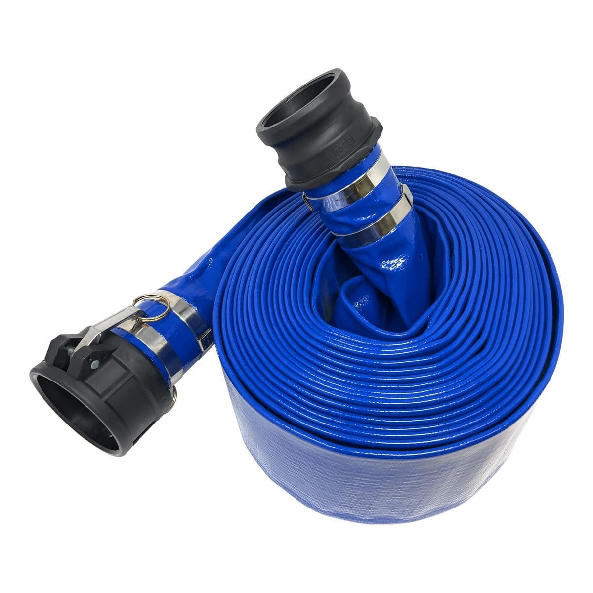 Gloxco 4" x 25' Blue Lay Flat PVC Discharge Hose Assembly with Poly Cam and Groove C and E Fittings - Image 7