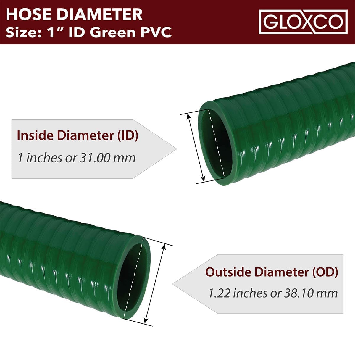 Gloxco 1" ID Green PVC Suction Hose, 85 PSI