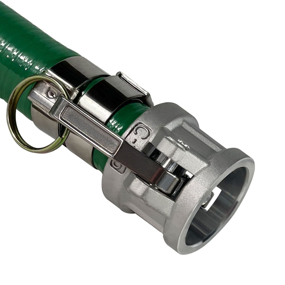 1-1/4" Green PVC Suction Hose Assembly, Male Camlock x Female Camlock, 85 PSI