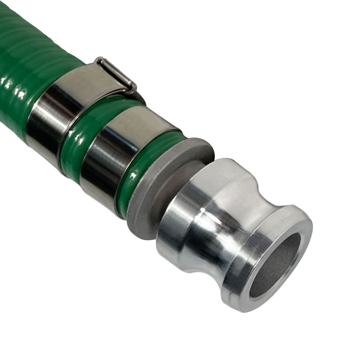 1-1/4" Green PVC Suction Hose Assembly, Male Camlock x Female Camlock, 85 PSI